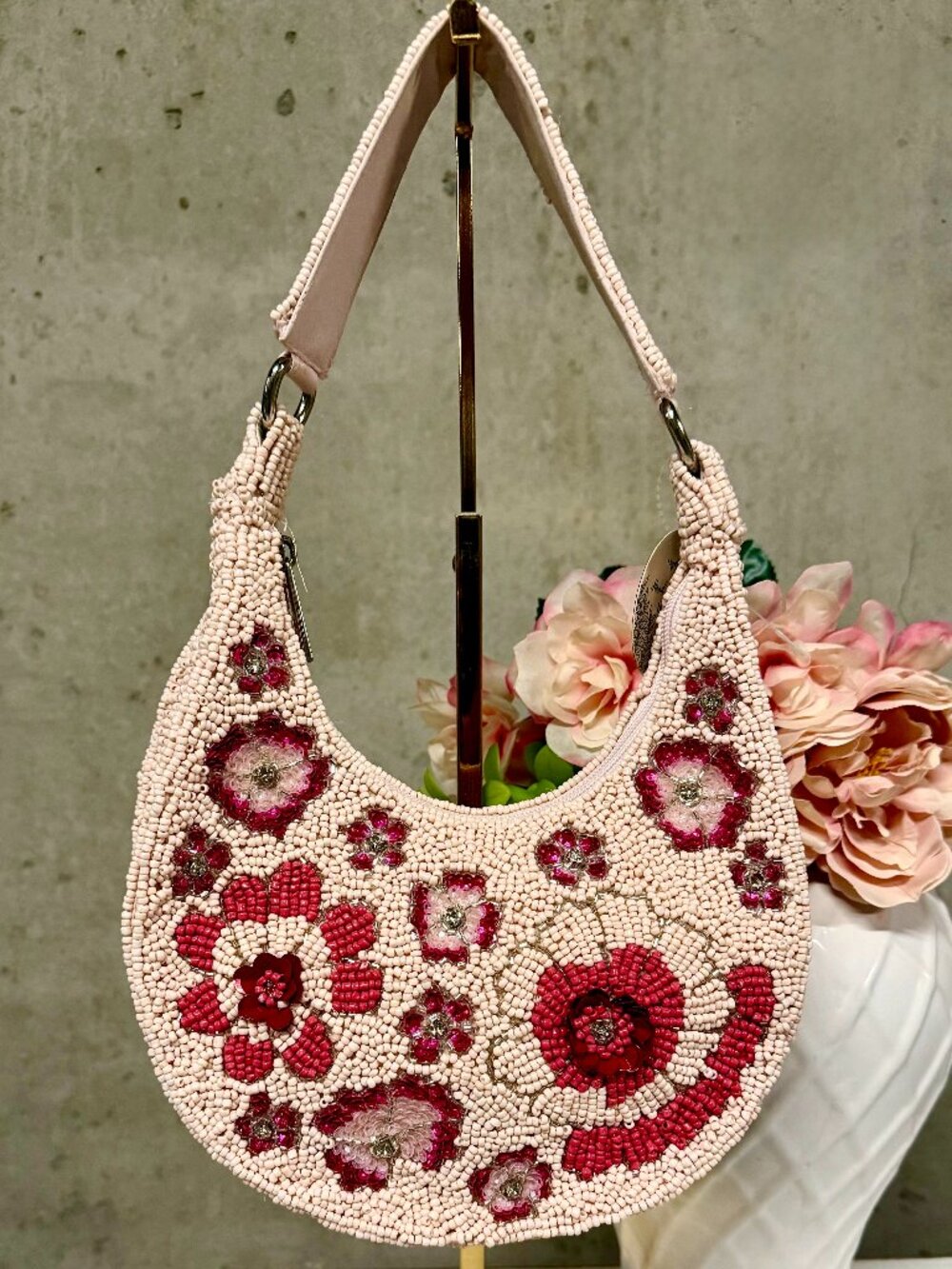 NWT Hand-Beaded Floral Design Crescent Bag